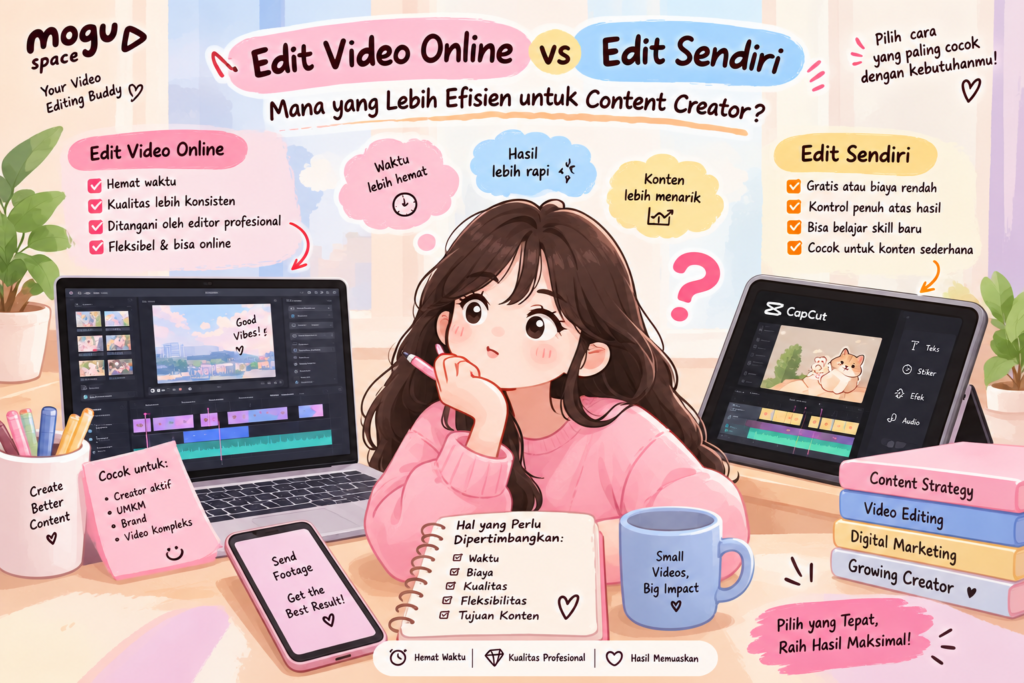 Edit video online vs edit sendiri untuk content creator, membandingkan efisiensi waktu, biaya, kualitas, dan fleksibilitas editing video – Mogu Space