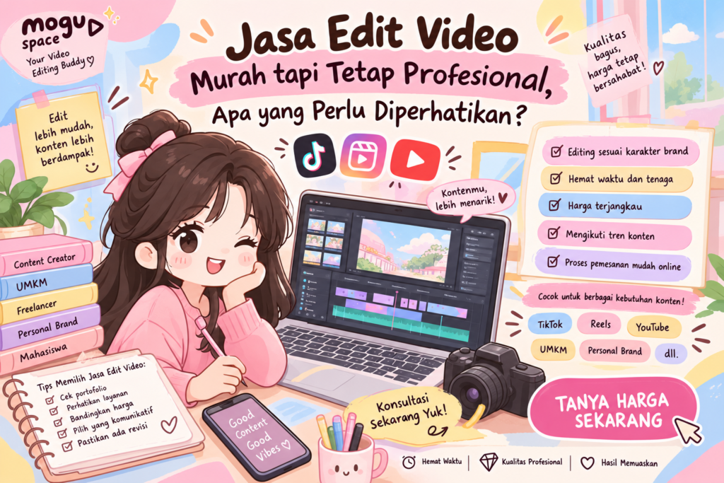 Ilustrasi jasa edit video murah tapi tetap profesional untuk TikTok, Reels, YouTube, dan UMKM – Mogu Space