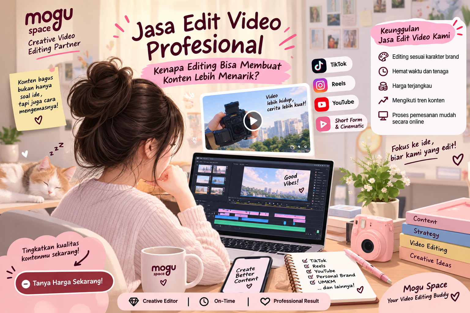 Jasa edit video profesional untuk membuat konten lebih menarik, rapi, dan sesuai karakter brand untuk TikTok, Reels, YouTube, dan personal brand – Mogu Space
